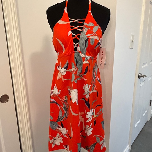 NWT - Athleta Loop Swim Dress in Vibrant Orange Floral. V-Neck Halter. Medium. - Picture 3 of 10